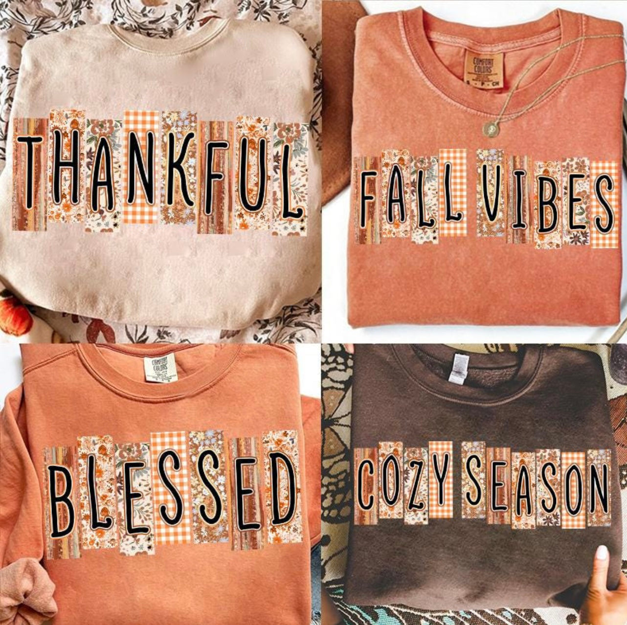Thankful, Fall Vibes, Blessed, Cozy Season (Choose which one and add in notes when checking out)