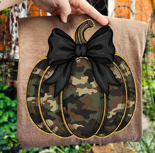 Camo Pumpkin with Perfect Black Bow